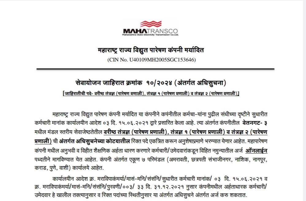 Mahatransco Technician Bharti 2024 : विद्युत विभागात नोकरीची संधी; पाहा संपूर्ण माहिती Mahatransco Technician Bharti 2024