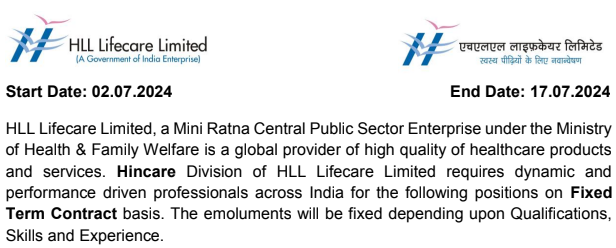 HLL Lifecare Bharti 2024 : HLL लाईफ केअर लि. मध्ये 1217 जागांची भरती HLL Lifecare Bharti 2024