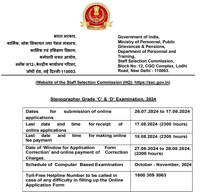 SSC Stenographer Bharti 2024 : स्टाफ सिलेक्शन कमिशन मार्फत 2006 जागांची भरती; ही संधी सोडू नका SSC Stenographer Bharti 2024